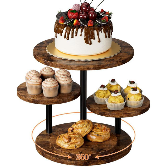 FZGhome Cupcake Stand 4 Tier for 50 Cupcakes Wooden Cake Stand 360°Rotatable Dessert Stands Round Cookie Tiered Tray Stand for Party Birthday Wedding Baby shower Afternoon Tea Dessert Table, Brown