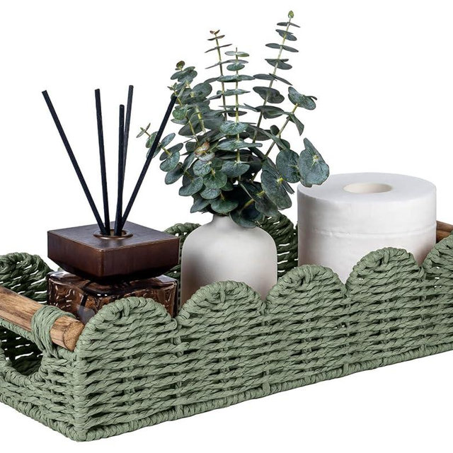 CubesLand Bathroom Basket Organizer w/Cut Out Handle, Back of Toilet Paper Storage Baskets Tray for Bathroom Countertop Decorative, Scalloped Wicker Basket Also for Home Decor, Living Room, Green