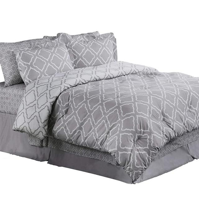 Bedsure 8 Pieces Bed in a Bag - King Size, Grey, All Season Quatrefoil Pattern Bed Comforter Set (1 Comforter, 2 Pillow Shams, 1 Flat Sheet, 1 Fitted Sheet, 1 Bed Skirt, 2 Pillowcases)