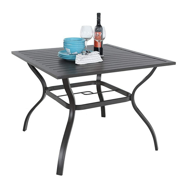 PHI VILLA 37" Black Patio Outdoor Dining Table Metal Steel Slat Square Bistro Table for Garden Backyard Poolside Deck, 1.57" Umbrella Hole