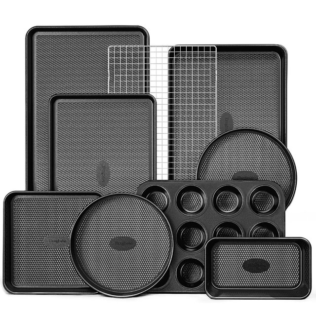 HONGBAKE 9-Piece Baking Pans Set Nonstick, Stackable Non Toxic Bakeware Sets with Diamond Texture, Oven Pan Set for Cooking, Includes Cookie Sheet with Rack, Cake Pan, Roasting Pan, Muffin Tin, Gray