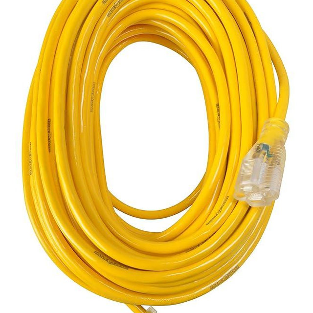Yellow Jacket 2885 12/3 Heavy-Duty 15-Amp Premium SJTW Contractor Extension Cord with Lighted End; Ideal use With Heavy Duty Equipment and Tools; Durable Molded Plugs; 100 Feet; Yellow