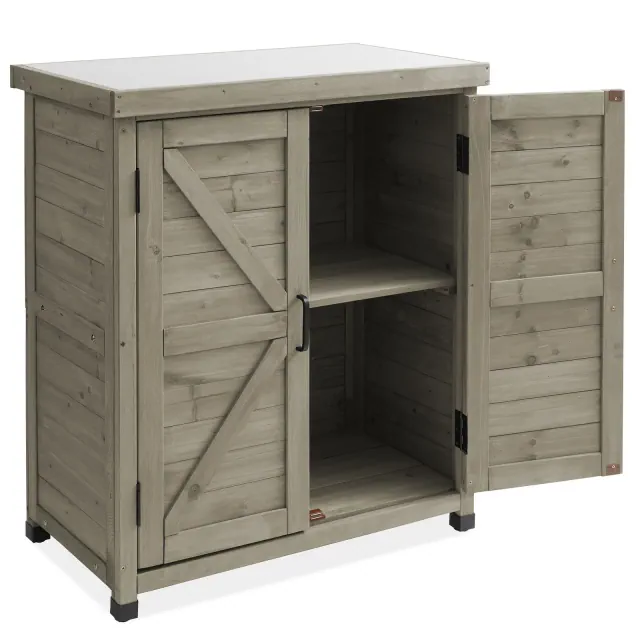 Casafield Outdoor Storage Cabinet and Potting Bench with Metal Tabletop and Storage Cabinet - Wooden Outdoor Garden Patio Workstation Table, Gray