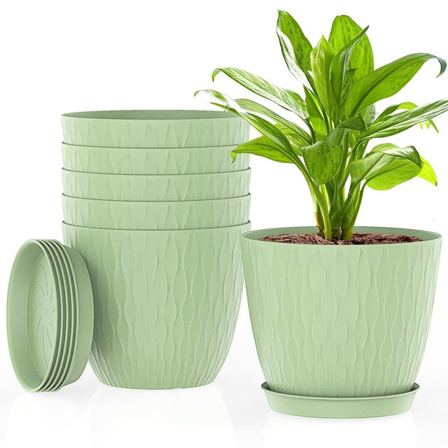 6 Inch Plant Pots, 6 Pack Flower Pots for Indoor and Outdoor Use, Planters with Drainage Holes and Saucers, Green