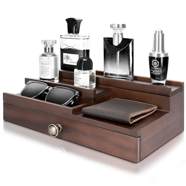 EOSAHR Farmhouse Cologne Organizer for Men - 3 Tier Perfume Organizer with Hidden Compartment and Storage Drawer - Great Gift for Boyfriend or Dad (Retro Brown)