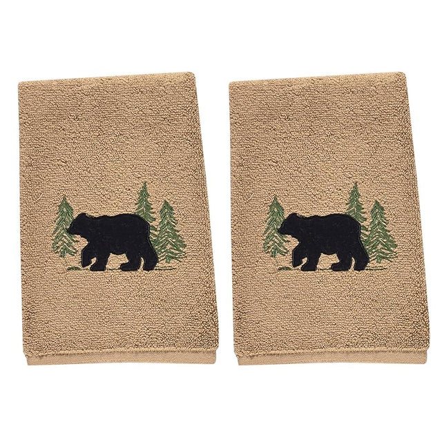 Park Designs Black Bear Terry Fingertip Towels – Set of 2 |19" x 11" Decorative Cabin Bathroom Hand Towels with Embroidered Bear & Pine Tree Motif | Soft & Absorbent Rustic Lodge Bathroom or Kitchen
