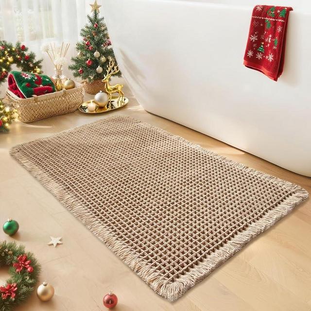 GRLYUH Waffle Bath Mat - Boho Bathroom Rugs Non Slip Washable, Super Absorbent & Quick Dry, Soft Bath Mat Farmhouse Bathroom Decor, 20'' x 32'', Khaki