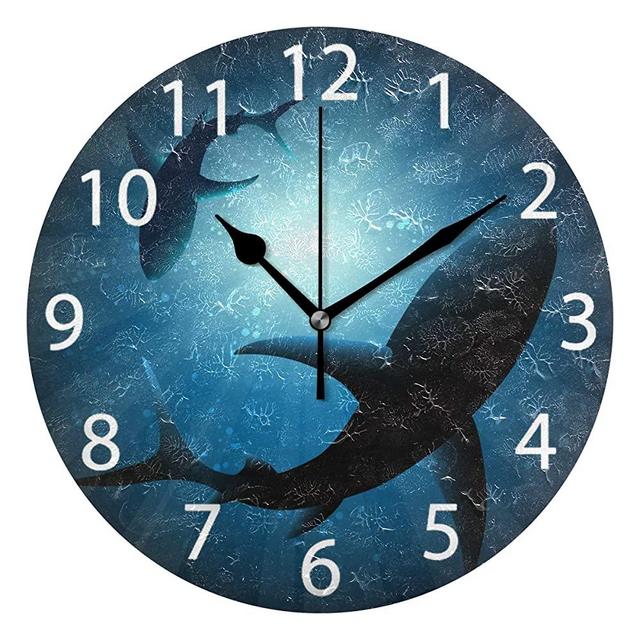 Sharks Under Water Round Wall Clock, Silent Non Ticking Oil Painting Decorative for Home Office School Clock Art