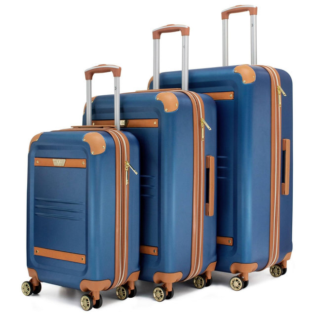 19V69 ITALIA Vintage Expandable Hardside Checked 3pc Luggage Set - Blue