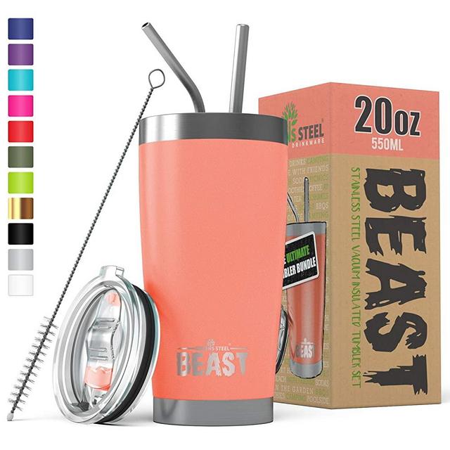 BEAST 20 oz Tumbler Stainless Steel Insulated Coffee Cup with Lid, 2 Straws, Brush & Gift Box (20 oz, Blossom)