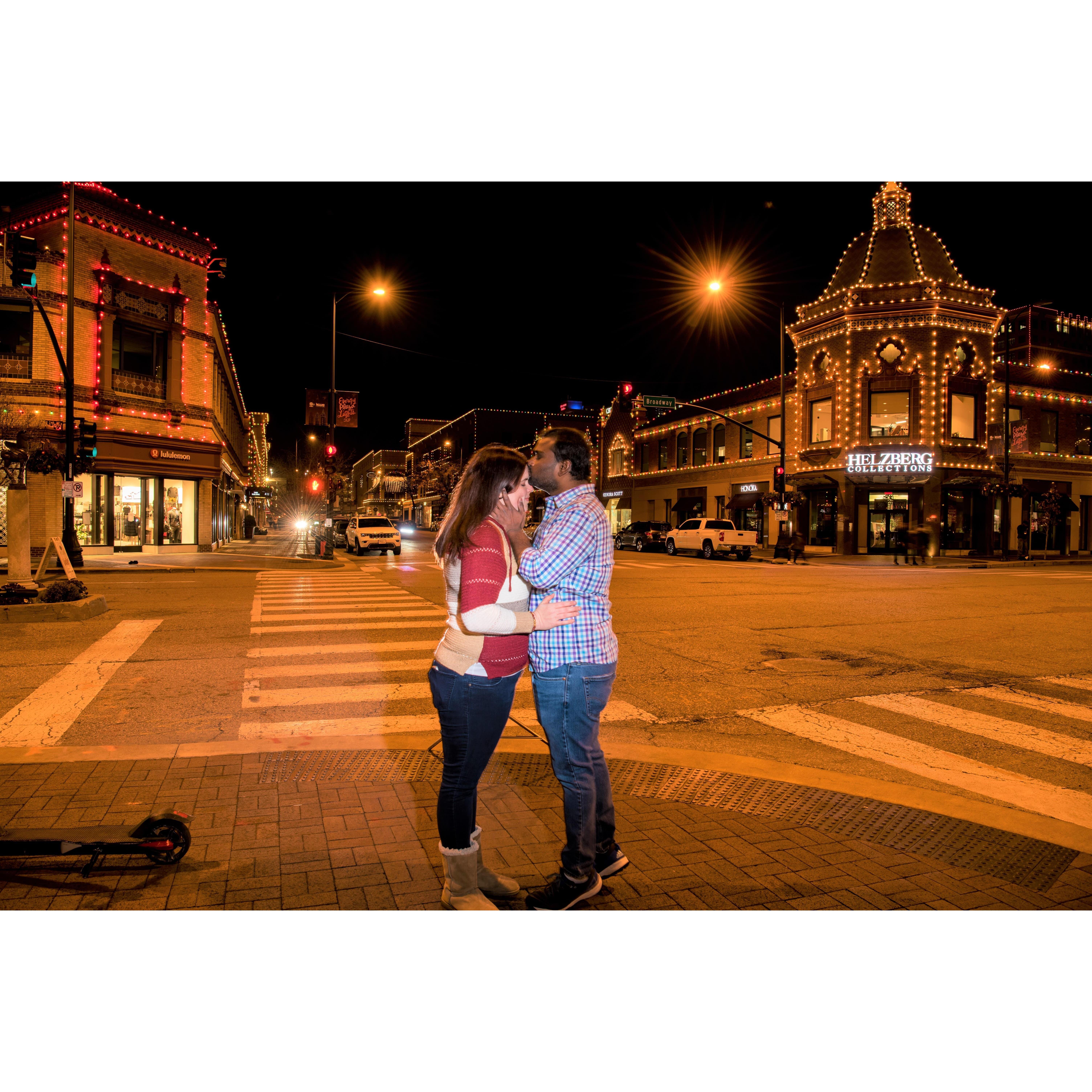 Engagement Photos at the Plaza with Christmas Lights. Photos by Vijay Ainapurapu.