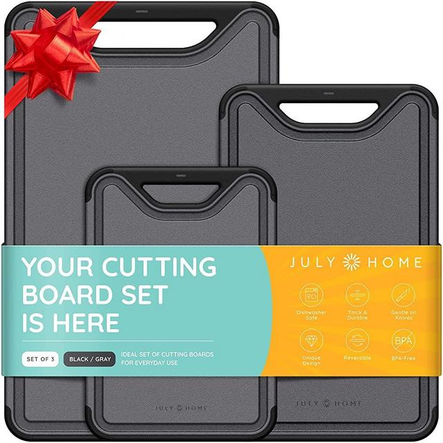 Cutting Boards for Kitchen - Plastic Cutting Board Set of 3, Dishwasher Safe Cutting Boards with Juice Grooves, Thick Chopping Boards for Meat, Veggies, Fruits, Easy Grip Handle, Non-Slip (Black/Gray)