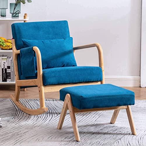 Nursery Rocking Chairs Nursery Rocking Chair Upholstered Rocking Chair with Foot Rest (Blue)