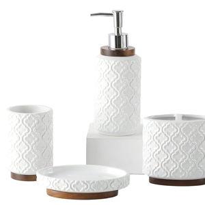 Elegant Bathroom Accessories Set 4 PCS Ceramic and Wood Bathroom Accessory Set Soap Dispenser Toothbrush Holder Tumbler Soap Dish Easy to Clean Quatrefoil Pattern White