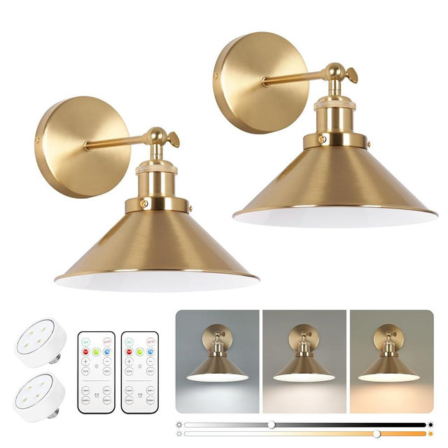 KELUOLY Battery Operated Wall Sconce Set of Two, Brushed Brass Battery Powered Wall Lighting Indoor, Cordless Metal Indoor Wall Lamp, Dimmable with Remote, Suitable for Living Room Bedroom Hallway