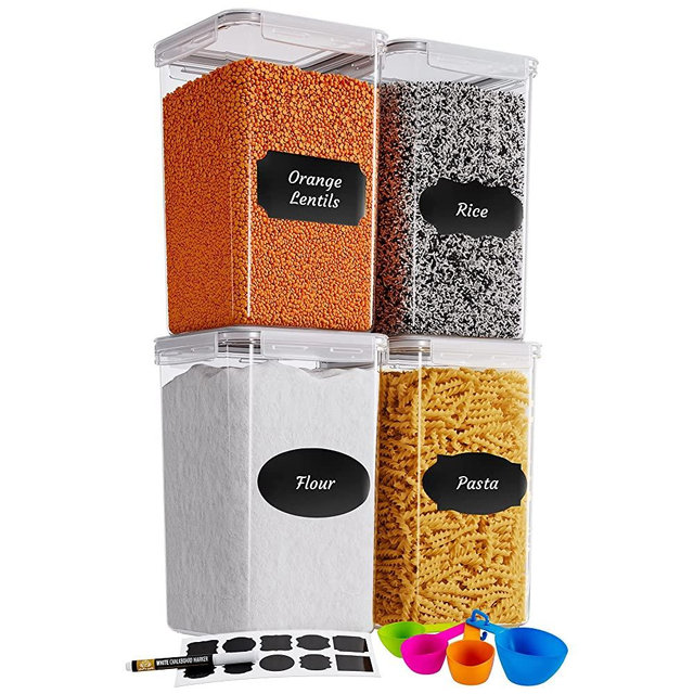 Extra Large Tall Food Storage Containers 7 qt/ 220oz/ 6.5L, For Flour, Sugar, Rice - Airtight Kitchen & Pantry Bulk Food Storage - 4 PC Set - Measuring Scoops, Pen & Labels - Chef’s Path