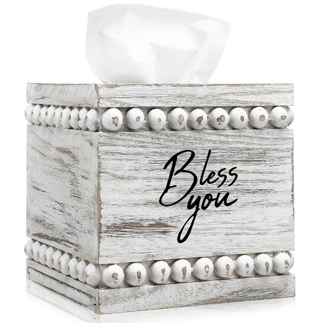 Lineshading Bless You Beaded Square Tissue Box Cover, Rustic Farmhouse Vintage Wooden Tissue Holder Box Distressed Napkin Holder for Table Bathroom Decor(White)