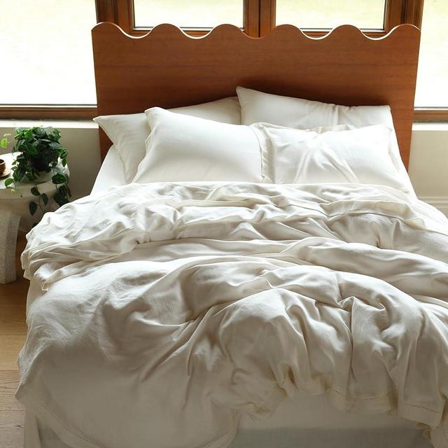 Double Stitch by Bedsure Linen Lyocell Duvet Cover Set - Soft Duvet Cover Queen, Sustainable Moisture-Wicking Cooling Duvet Cover Set Queen, Luxury Bedding Set, 1 Duvet Cover, 2 Shams, Cream