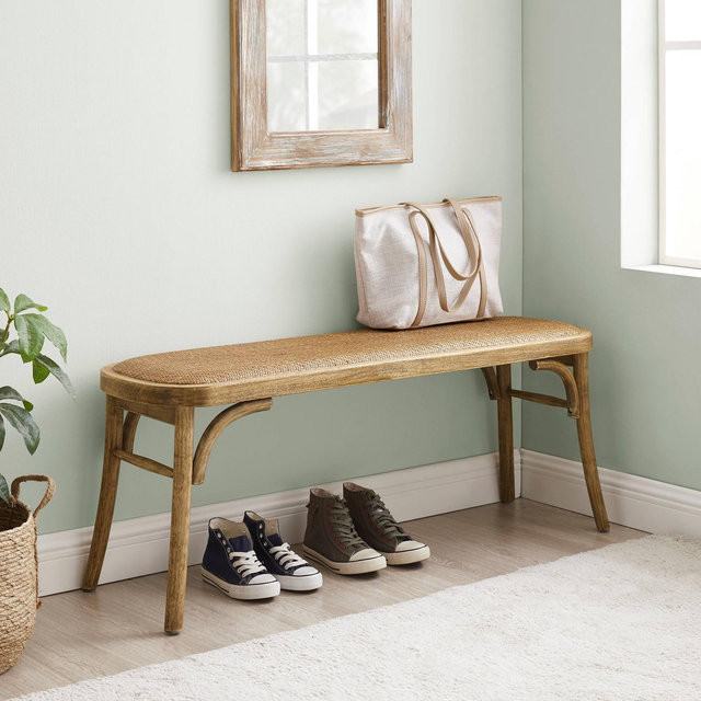 Linon 48" Helia Boho Bentwood Natural Rattan Solid Wood Bench Brown: Rubberwood Legs, Coastal Style