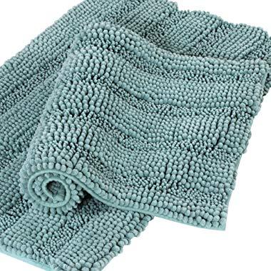 Turquoize Chenille Bathroom Rugs Bath Bath Mats for Bathroom Set 2 Piece Shaggy Rugs for Bedroom Chenille Bath Rugs Non Slip Super Absorbent Washable Bath Mat Set, 20"x32"/17"x24" Duckeggshell Blue