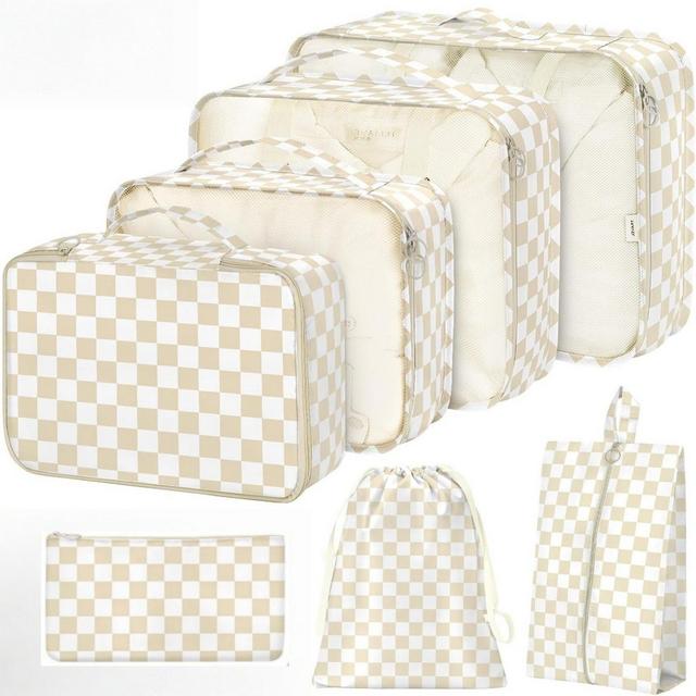 Alilang 7-Piece Travel Packing Cube Set with Checkered Pattern and Multi-Size Organizers 16x12.5x3.5in - Light Beige