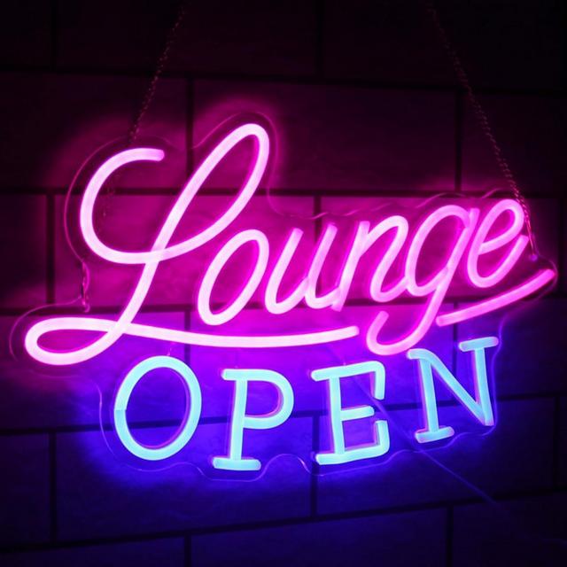 Kullneon Lounge Open Neon Sign VIP Lounge Neon Light Pink Blue Letter LED Sign Dimmable Business Signs Light Up Signs for Bar Night Club Hotel Beauty Salon Decor