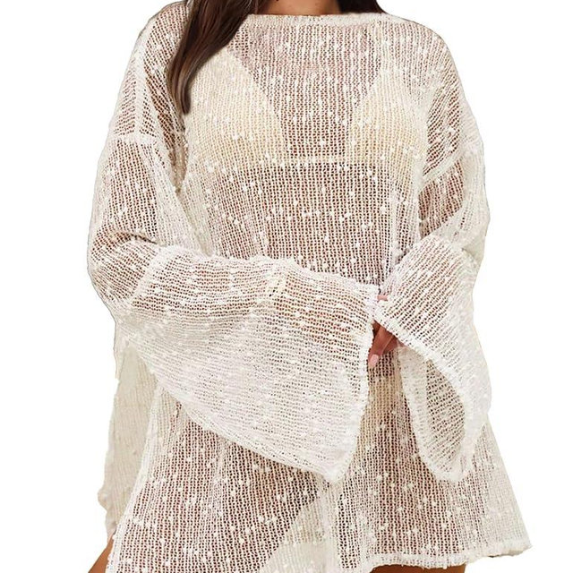 Gleeneat Crochet Swimsuit Coverup for Women Boat Neck Bathing Suit Cover Up 2026 Summer Sexy Beach Caftan Dress