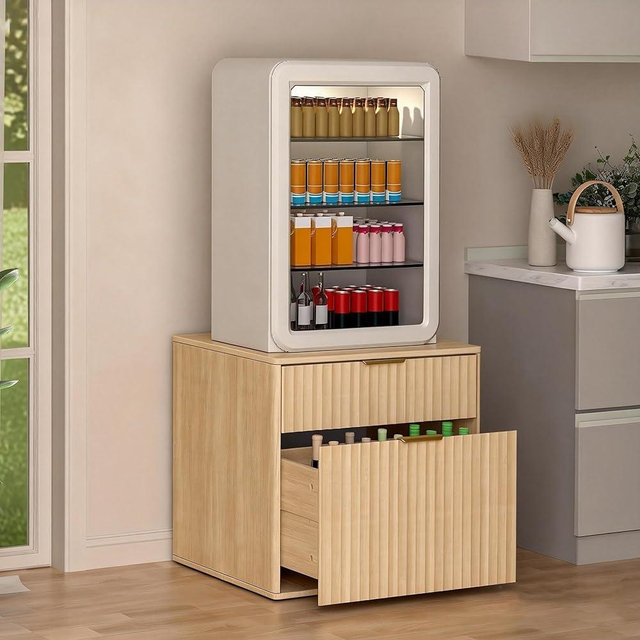 Aruood Mini Fridge Stand with Storage，Small Refrigerator Stand with Wooden，Mini Fridge Table with Drawer for Dorm, Apartment, Office, Bedroom，Hold 300LBS, Light Oak