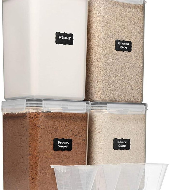 WHITE FEATHER SUPPLIES 4 PC [2 x 6.5L/220 oz + 2 x 5.2L/175 oz] Large Airtight Food Storage Containers with Lids, BPA Free Plastic Kitchen & Pantry Containers for Flour, Sugar, Rice + 4 Measuring Cups