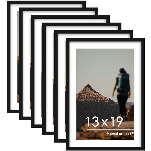 PEALSN 13x19 Picture Frame Set of 6, Display Pictures 11 x 17 with Mat or 13 x 19 Without Mat for Wall Mounting Display, Poster Frames Collage for Wall Decor, Black.
