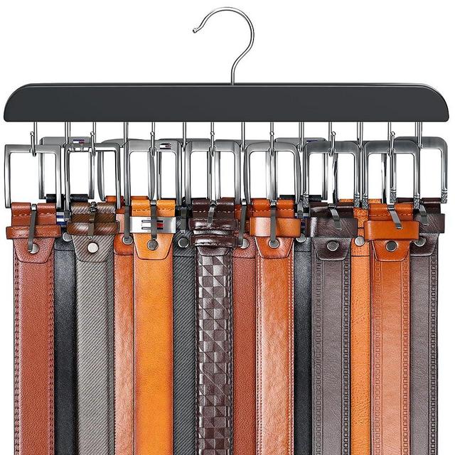 Resovo Belt Hanger for Closet Max 42 Belts, Belt Organizer Closet Accessories with 14 Hooks Belt Rack Sturdy Wood for Closet Organizers and Storage -Black 1 Pack