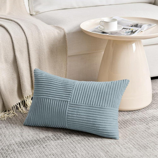Fancy Homi Set of 1 Light Blue Long Lumbar Decorative Throw Pillow Covers 12x24 Inch for Couch Bed Sofa, Rustic Farmhouse Boho Home Decor, Soft Striped Corduroy Rectangle Accent Cushion Case 30x60 cm