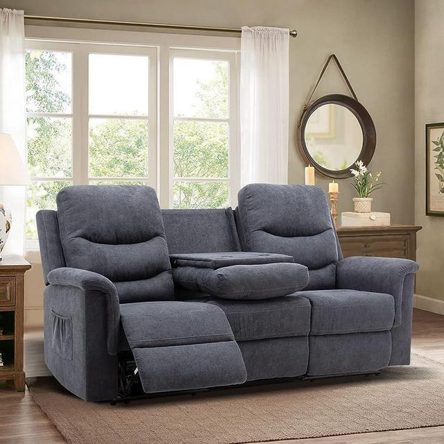 Consofa Reclining Sofa, Wall Hugger Sofa Recliners, Grey Reclining Sofa with 2 Cup Holders, 3-Seater with Flipped Middle Backrest, Manual Reclining Home Theater Seating for Living Room