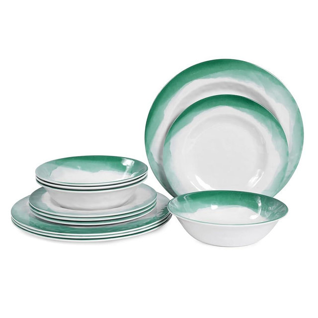 Melamine Dinnerware Sets, 12pcs Plates and Bowls Set, service for 4, Dishwasher Safe, Indoor and Outdoor Use, Green Melamine dishes