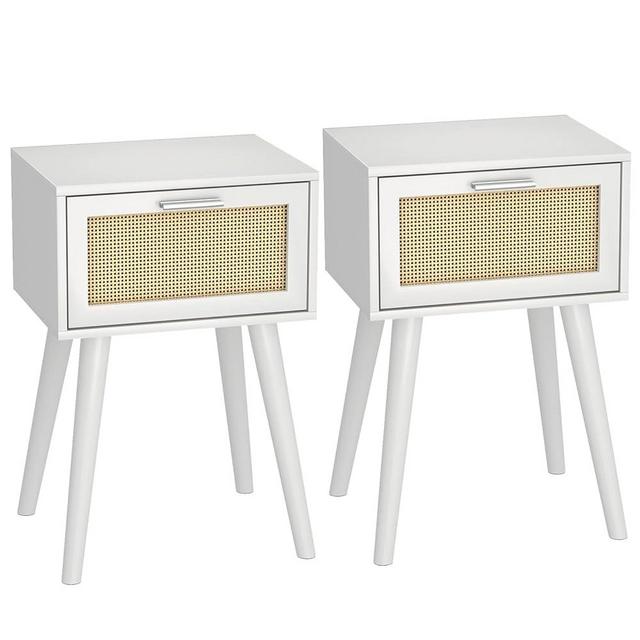 LAATOOREE Nightstand Set of 2, Small End Table with Rattan Door, Bedside Table with Solid Wood Feet, Boho Side Table for Bedroom Living Room Small Space - White