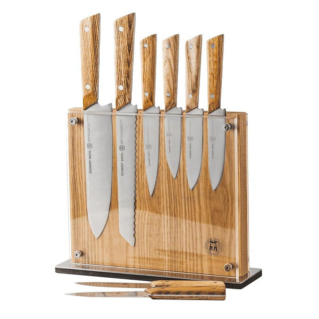 Schmidt Brothers - 9-Piece Natural White Oak Hex Knife Set, High-Carbon Stainless Steel Cutlery with Natural White Oak and Acrylic Magnetic Knife Block