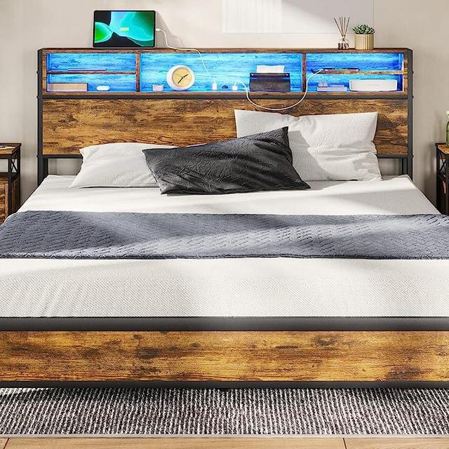 ADORNEVE King Bed Frame with LED Lights Headboard, Metal Platform Bed with Outlets and USB Ports, LED Bed Frame with Storage Headboard, No Box Spring Needed, Easy Assembly, Vintage Brown