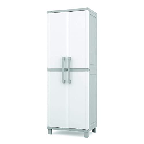 Keter Storage Cabinet with Doors and Shelves for Tool and Home Organization, White & Grey