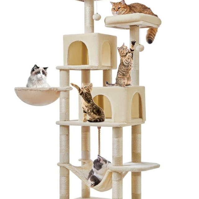 Taoqimiao Cat Tree, 66.2-Inch Cat Tower for Indoor Cats, Plush Multi-Level Cat Condo with 12 Scratching Posts, 2 Perches, 2 Caves, Hammock, 2 Pompoms, Beige MS013M