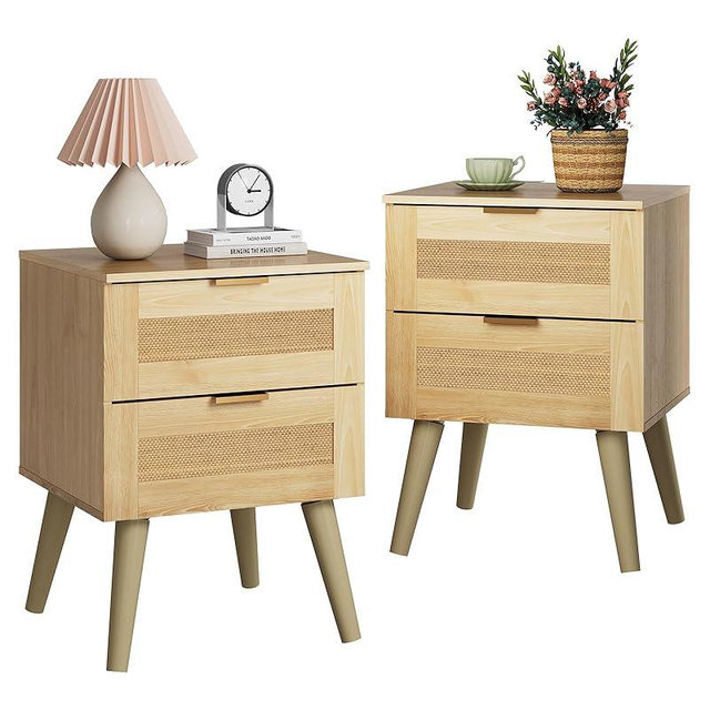 WLIVE Wood Nightstand Set of 2, Night Stand Sets with 2 Rattan Decor Drawers, End Tables with Solid Legs, Bed Side Table for Bedroom, Living Room, Natural Oak