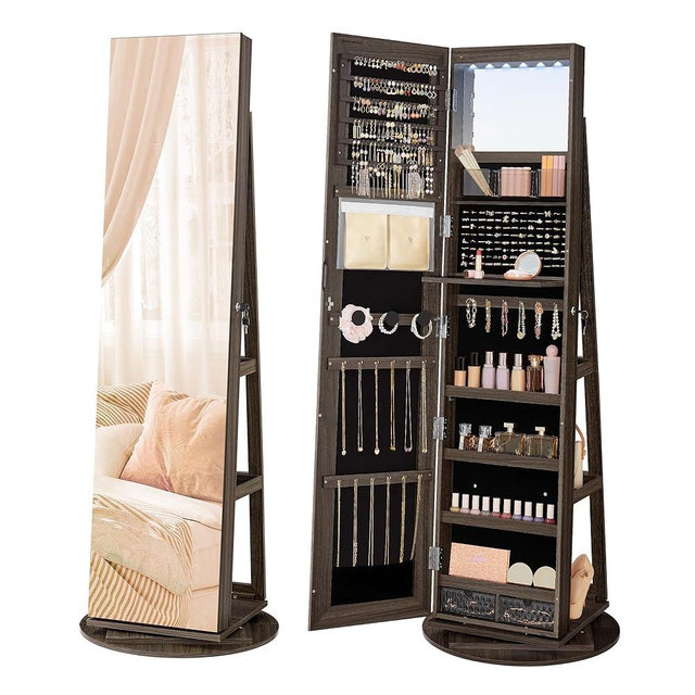 SONGMICS 6 LEDs Lockable Mirror Jewelry Cabinet, 360° Swivel Jewelry Organizer, Standing Jewelry Armoire, Frameless Full-Length Mirror, 3 Storage Shelves, Ash Brown Surface, Black Lining UJJC007K02