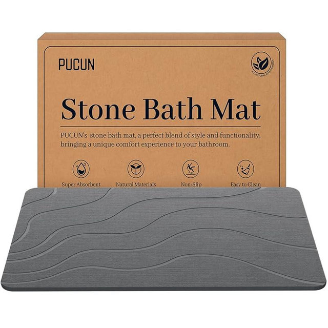 PUCUN Stone Bath Mat Diatomaceous Earth Non-Slip Shower Mat,Quick Drying Diatomite Bath Stone Mat for Bathroom Floor -Super Absorbent,Natural, Easy to Clean(24×16" Grey)