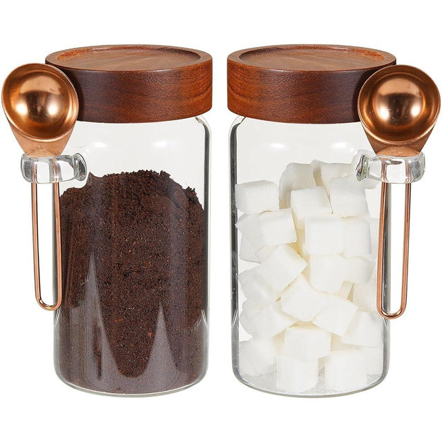 Patoper Glass Coffee Jars Spice Jar Round Storage Canister with Wooden Lid Clear Glass Food Jar for Pantry Sugar Tea Coffee Bean Spice Nuts Cookies Bath Salts (2×550ml(18oz) with spoon)