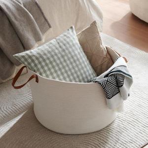 Blanket Basket - White with leather handles