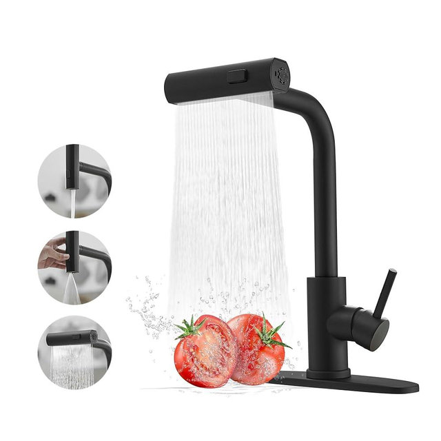 Black Kitchen Faucets with Pull Down Sprayer,Waterfall Kitchen Sink Faucet,Commercial Utility Stainless Steel Kitchen Faucets,Single Handle Kitchen Sink Faucet with Pull Down Sprayer for 3 Function