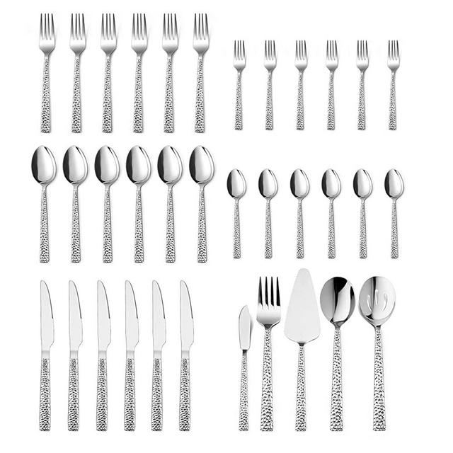 35-Piece Silverware Set with Serving Pieces, E-far Stainless Steel Hammered Flatware Eating Utensils Service for 6, Modern Tableware Cutlery Set with Square Edge, Mirror Polished, Dishwasher Safe