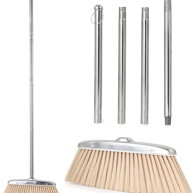 Indoor & Outdoor Brooms, VOOWO 46” Kitchen Broom with Long Handle, Heavy Duty Brooms for Home Kitchen Broom for Office, Angle Brooms for Sweeping with Stainless Steel Handle