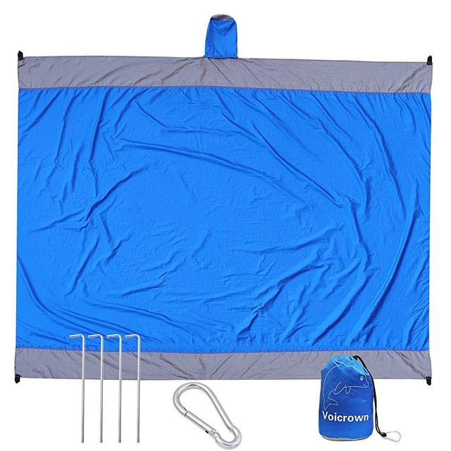 Sand Proof Beach Blanket, Oversized Picnic Mat, Compact Sandfree Magic Sheets for Quick Drying, Lightweight, Durable for Travel, Camping, Hiking with 4 Metal Pile & 4 Corner Pockets - 100% Nylon