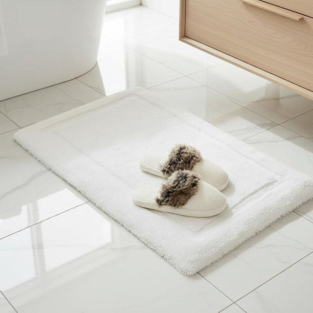 Dreame. White Premium Removable Silp Cover Memory Foam Bath Mat, Thick Ultra Soft, Non-Slip, Water Absorbent Bathroom Rug 21 x 34