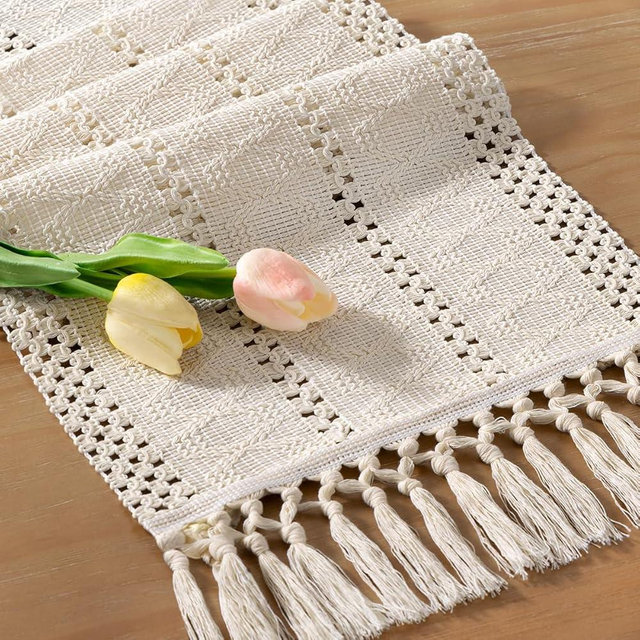 Socomi Boho Table Runner Fall Thanksgiving Farmhouse Rustic Dining Kitchen Centerpiece Decor Small Macrame Woven Cotton Linen Coffee Table Runner for Dresser Scarf Home Decor 12x36 inch Beige